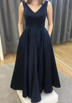 A line Blue v neck satin long evening dress