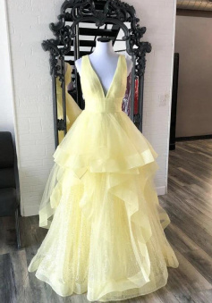 Yellow tulle long A line V Neck prom dress