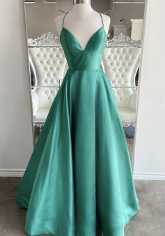 Floor Length Green satin long A line prom dress