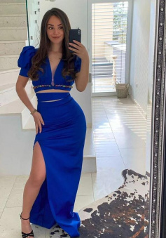 A Line Split Royal Blue Prom Dress With Short Sleeves