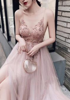 Elegant A-line tulle long formal dress with spaghetti straps
