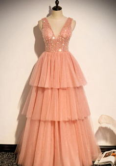 A Line Pink V Neck Prom Dresses