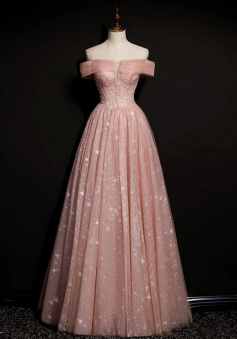 A LINE PINK TULLE LONG A LINE PROM DRESS