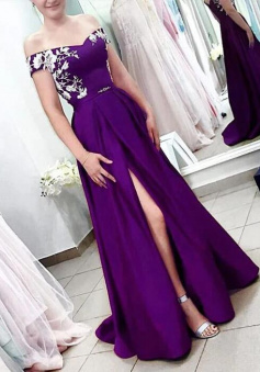 Off Shoulder Long Split Prom Dresses With Lace Embroidery