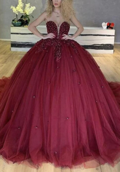 Ball Gown Burgundy tulle quinceanera dress with lace flowers