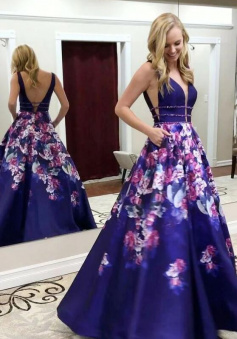A-Line V-Neck Long Floral Prom Dress with Pockets