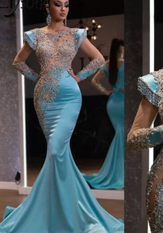 Mermaid Luxury Beading Prom Dresses With Long Sleeves