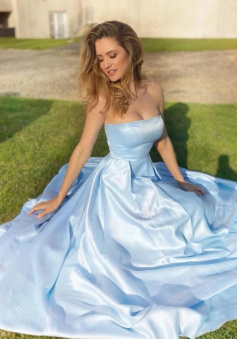 Simple blue satin long prom formal dress