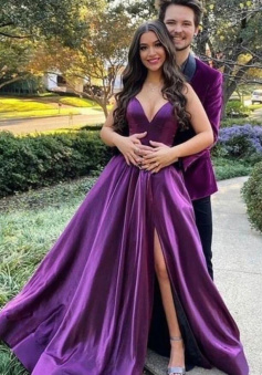 A Line purple v neck satin long prom dress