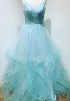 A Line Light Blue V-Neckline Straps Layers Long Prom Dress