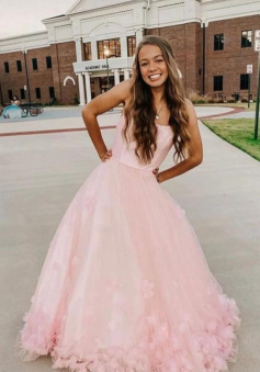 Floor Length Pink tulle applique long prom dress