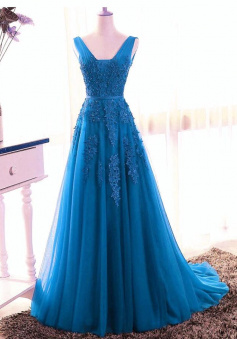Floor Length Low Back Blue Prom Dress With Lace