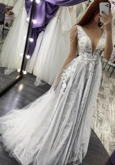 Gray A Line V Neck Open Back Long Prom Dresses