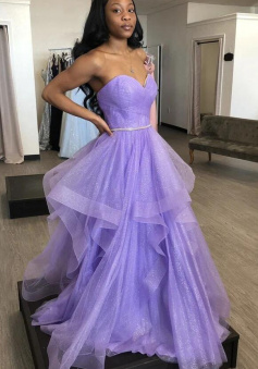 A line Purple tulle longevening dress