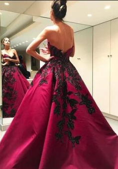 Ball Gown V Neck Long Prom Dresses with Black Aappliques