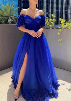 Off the Shoulder Royal Blue Tulle Long Prom Dresses