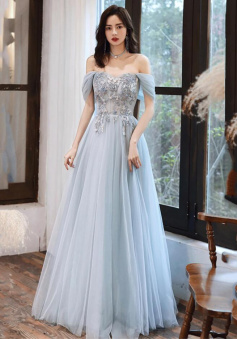 BEAUTIFUL GRAY TULLE LACE LONG A LINE PROM DRESS
