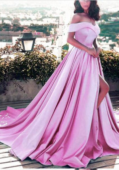 Off The Shoulder Pink Prom Dresses Satin Evening Gowns