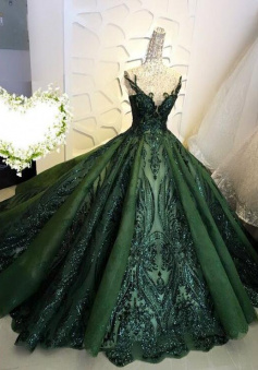 Dark green O Neck Ball Gown prom dress