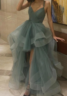 Cute A Line v neck tulle high low prom dress