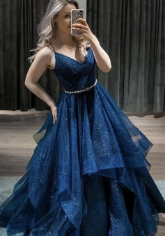 A line Blue tulle Evening Dress long ball gown dress