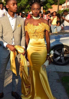 Gold Off Shoulder Elastic Satin Prom Dresses With Appliques