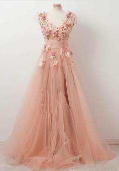 CUTE TULLE APPLIQUE LONG A LINE EVENING DRESS