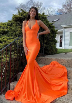 SIMPLE ORANGE SATIN MERMAID LONG PROM DRESS