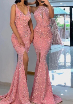 Mermaid Pink Sequins Evening Gowns