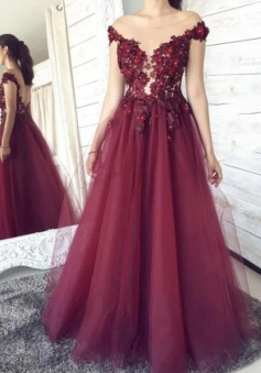 A-line burgundy tulle long formal dress
