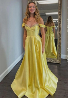 off the shoulder yellow satin long formal dress with pockets