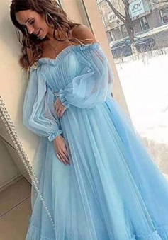 Romantic A Line Tulle Blue dress for evening