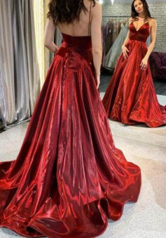 Elegant Spaghetti Straps V Neck Long Burgundy Prom Dress