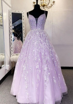 A-line lilac long formal lace prom dress