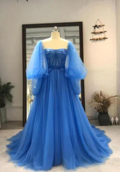 Mermaid Blue Tulle Fashionable Long Party Dress
