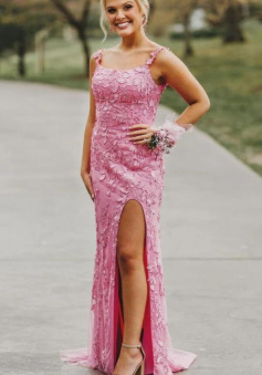 A Line fuchsia lace appliques long formal dress with side slit