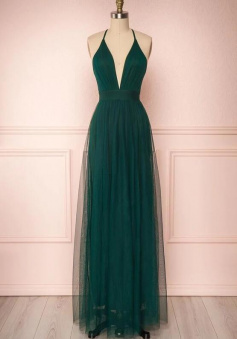 A Line Green Tulle long prom dress