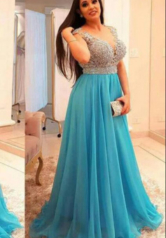 A-Line V-neck Sleeveless Chiffon Plus Size Lace Prom Dresses With Beading