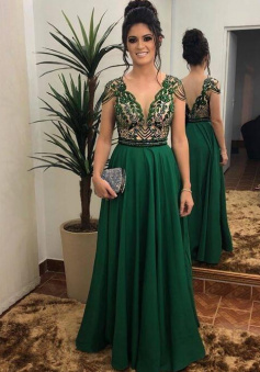 Floor-Length Green Prom Dress with Lace