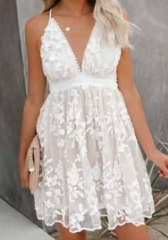 Spaghetti Strap White Lace V Neck Backless Sleeveless Floral Mini Dresses