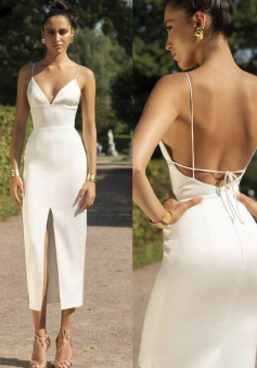 Simple V Neck Open Back Long Prom Dress With Split