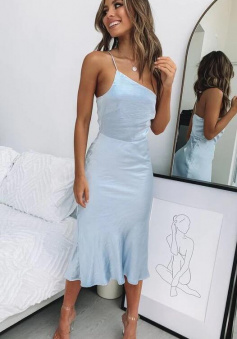 One Shoulder Tea length Blue Midi Dress