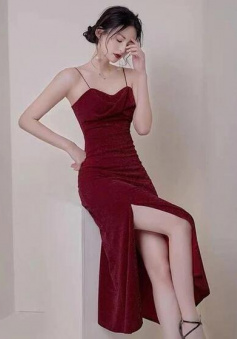 Spaghetti Wine Red Evening Dress With Slit Party Dress