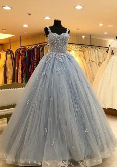 Light Blue Ball Gown Prom Dress with Appliques