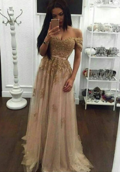 Off the Shoulder Tulle Prom Dres with Gold Appliques