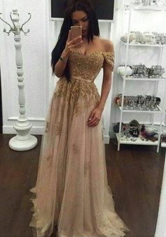 Off the Shoulder Tulle Prom Dres with Gold Appliques