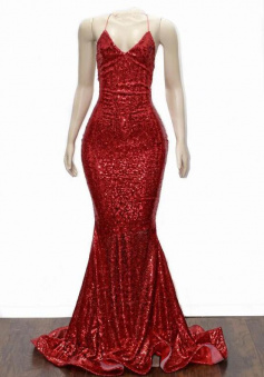 Halter Red V Neck Sequin Prom Dress