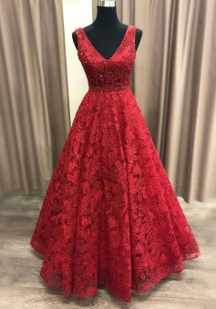 Charming A-Line Red V-Neck Lace Beaded Prom Dresses