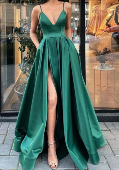 A Line V Neck Dark Green Long Prom Dresses with Leg Slit