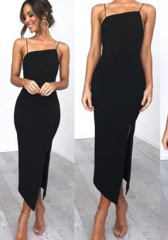 Simple Black party tea length evening dress